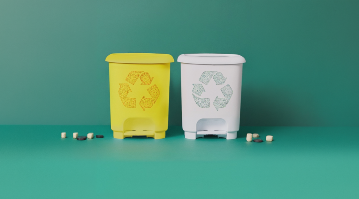 Rolhas de cortiça separadas das cápsulas junto a dois caixotes do lixo, ilustrando a separação dos componentes das rolhas capsuladas para reciclagem.